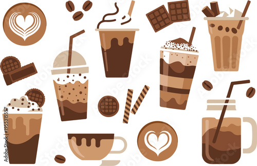 Large collection of coffee and chocolate drinks icons including frappe latte cappuccino and iced beverages set flat vector illustration.