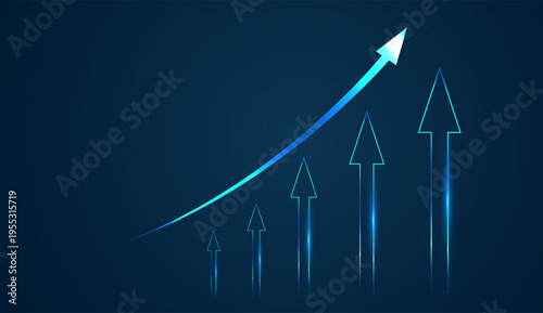 Glowing arrows pointing upward illustrate steady progress in technology, leading to stronger Finance and Business success. and used with Bright arrows moving upward show a clear trend