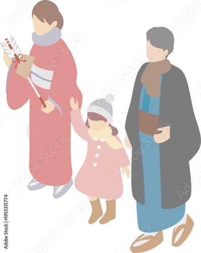 着物を着て初詣に行く家族のアイソメトリックイラスト。破魔矢を持つ母親と子供、新年の参拝イメージ