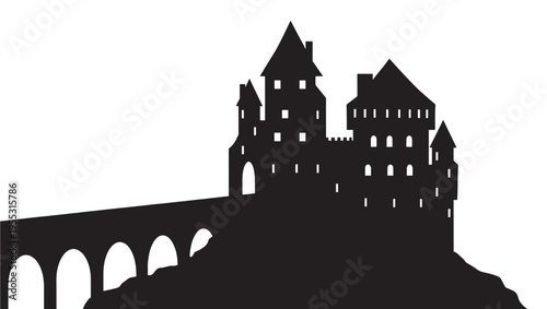 Castle silhouette with a stone bridge archway, featuring multiple towers and windows against a white background.