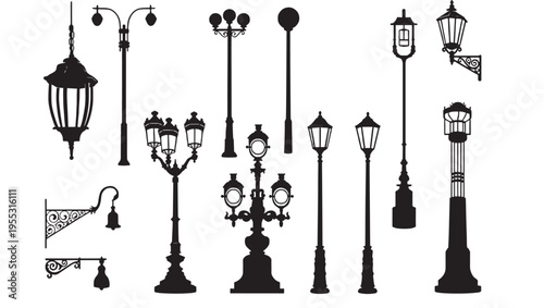 Street lamps vintage collection with ornate designs and various styles for outdoor illumination in silhouette