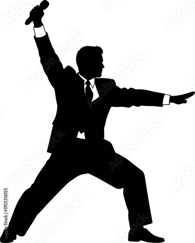 Silhouette of a charismatic businessman in a suit performing dynamically with a microphone, singing and dancing in an energetic pose.