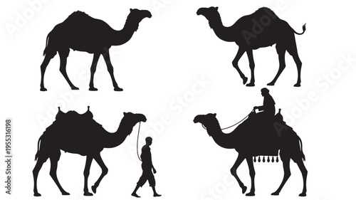 Camels and people silhouettes in various poses, showcasing desert transport and companionship in a stark black and white representation.