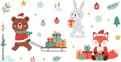 Cute Christmas animals set with bear, fox and bunny carrying gifts, festive winter holiday characters with presents, cozy seasonal vector illustration for kids design