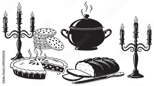 Food and drink set with pie, bread, cookies, soup pot and candelabras featuring lit candles for a cozy scene