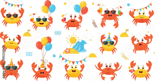 Cute crabs summer party set with balloons drinks and sunglasses, funny sea animals cartoon vector illustration collection