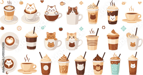 Cute coffee cups with cats set, cartoon mugs and takeaway drinks with latte art, adorable animal themed cafe beverages vector illustration for menu and branding