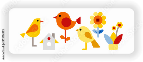 ute Colorful Birds and Flowers Vector Illustration Set
