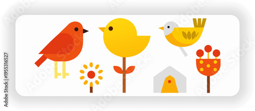 ute Colorful Birds and Flowers Vector Illustration Set