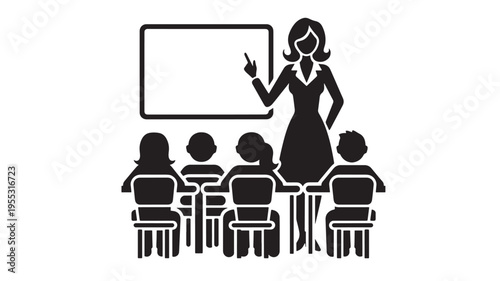 Teacher gesturing towards a blank whiteboard with students sitting at desks in front of her in a classroom setting.