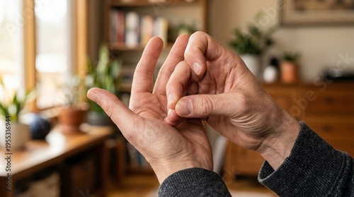 Person using sign language with hands in a living room