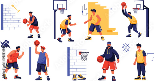 Basketball players action set with dribbling, shooting and training poses, urban street sport characters, athletic men in motion vector illustration for sports design