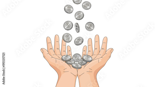 Hands Holding Falling Coins.