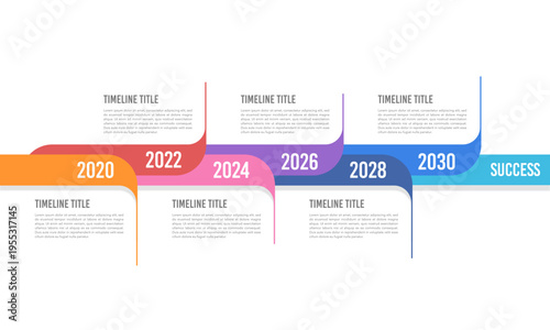 Business timeline infographic template. A roadmap to success with colorful steps and annual milestones. Vector illustration.