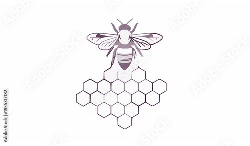 Elegant Purple Line Bee with Symmetrical Honeycomb Outline Vector Isolated on White Background
