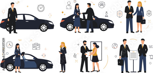 Car insurance service concept with business people and vehicle, agreement, protection, claim and customer support scenes, corporate vector illustration for auto insurance and finance