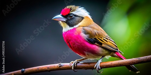 Vibrant Pink Crested Bird with Sharp Black Beak on Branch - Panoramic Wildlife Photography