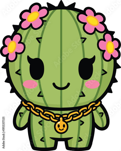 Cute Cartoon Cactus Character with Flowers and Gold Chain
