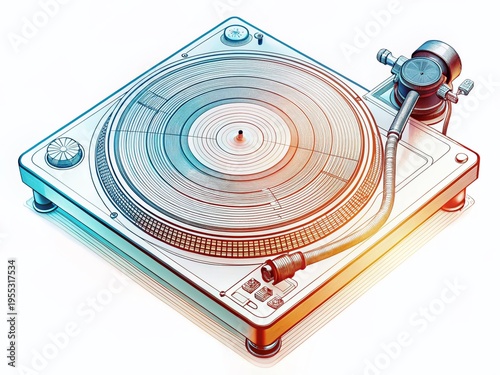 Vintage Turntable Line Drawing: Retro Music Player Illustration on White Background