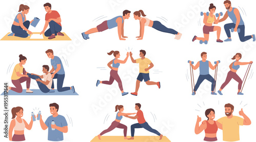 Couple Workout Illustration Set with Push-Ups, Weightlifting, Resistance Bands, and Fitness Activities for Health and Wellness Designs
