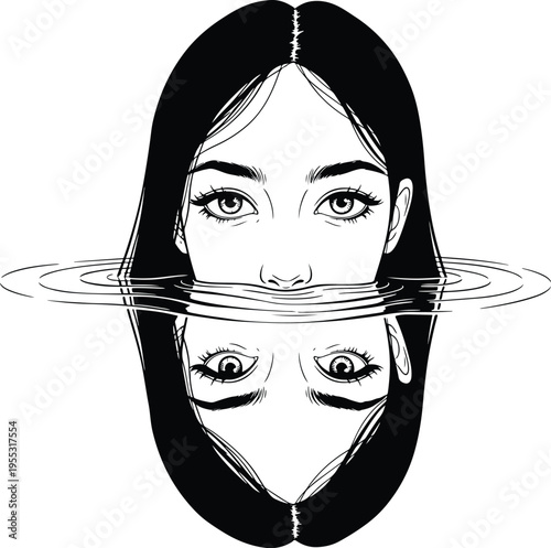Woman's Face Reflected in Water Line Art Illustration
