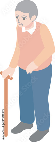 Isometric Illustration of Elderly Man Walking with a Cane - Senior Care, Rehabilitation, and Healthcare Vector Material