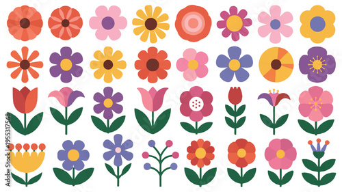 A charming collection of flat design floral icons and stylized flower elements perfect for spring themes and nature-inspired graphic projects