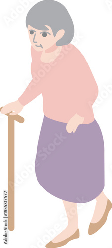 Isometric Illustration of Elderly Woman Walking with a Cane - Senior Care, Rehabilitation, and Healthcare Vector Material