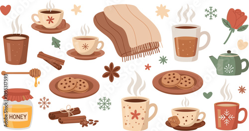 Cozy hot drinks set with tea coffee honey and cookies, winter warm beverages vector illustration collection