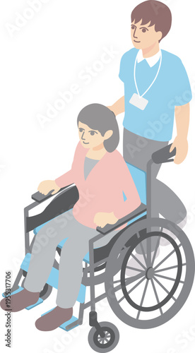 Isometric Illustration of Senior man in Wheelchair and Male Caregiver - Nursing, Welfare, and Healthcare Vector Material