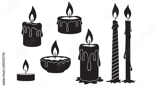 Candles set with dripping wax and flames in silhouette style for decorative purposes. featuring candle, collection, black and white with flame and