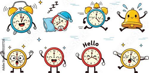 Cute alarm clock characters set with funny emotions, ringing bell and waking up concept, cartoon time mascot collection for kids design and playful vector illustration