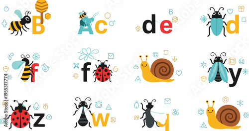 Cute alphabet animals set with insects and snail characters, colorful ABC letters with bee, ladybug and bug illustrations for kids education and learning design