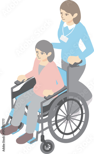 Isometric Illustration of Senior Woman in Wheelchair and Male Caregiver - Nursing, Welfare, and Healthcare Vector Material