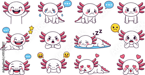 Cute axolotl emoji set with different emotions, kawaii aquatic pet cartoon vector illustration collection