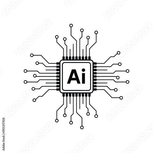 Artificial intelligence microchip icon with circuit board lines and connections for technology and computer processor development
