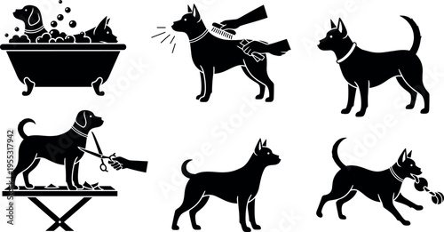Dog grooming and care silhouettes with bathing brushing drying trimming and playing pet hygiene vector illustration set