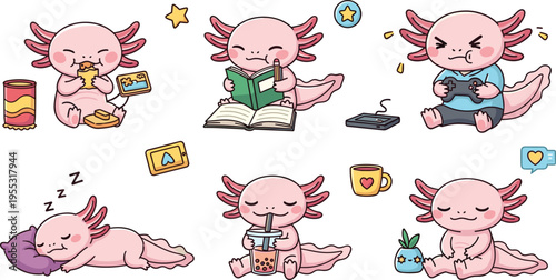 Cute axolotl daily activities set with reading, gaming, eating and sleeping, adorable cartoon amphibian character collection for kids lifestyle and nursery vector illustration