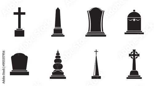Tombstone icon set with various memorial monument shapes and styles on white background featuring gravestone, grave marker, cemetery with cross and