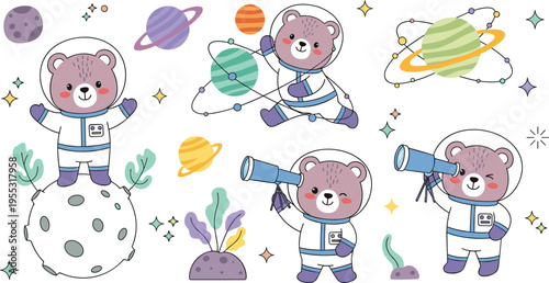 Cute bear astronaut set with space exploration, planets and telescope, cartoon animal characters in cosmos adventure, science and galaxy vector illustration for kids