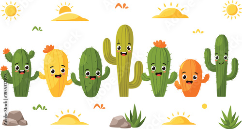 Cute cactus characters set in desert landscape, funny succulent plants cartoon vector illustration collection