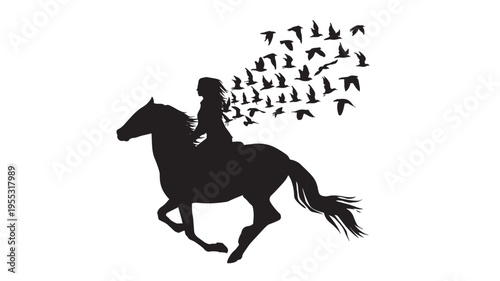 Silhouette of a woman riding a galloping horse with a flock of birds taking flight behind her against a white background.