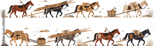 Horse Caravan Carrying Cargo with Wooden Poles, Bags, and Transport Gear in a Desert Landscape Illustration