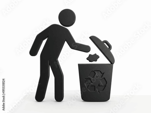 Stick figure disposing of waste into a recycle bin, symbolizing environmental responsibility and promoting proper waste management practices for a cleaner planet