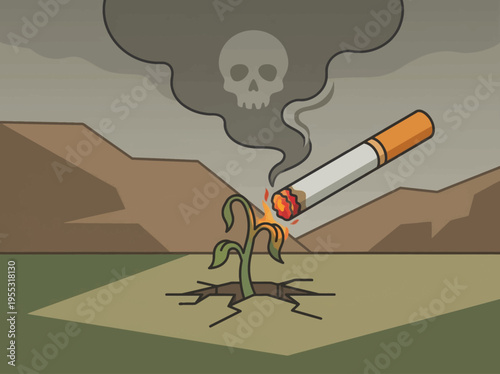 The Destructive Cycle of Tobacco A lit cigarette extinguishes a budding plant, signifying the profound health and environmental devastation, with ominous smoke forming a skull