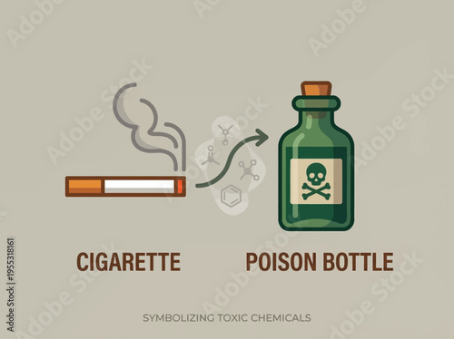 A cigarette is shown transitioning into a poison bottle, representing the toxic chemicals within cigarettes