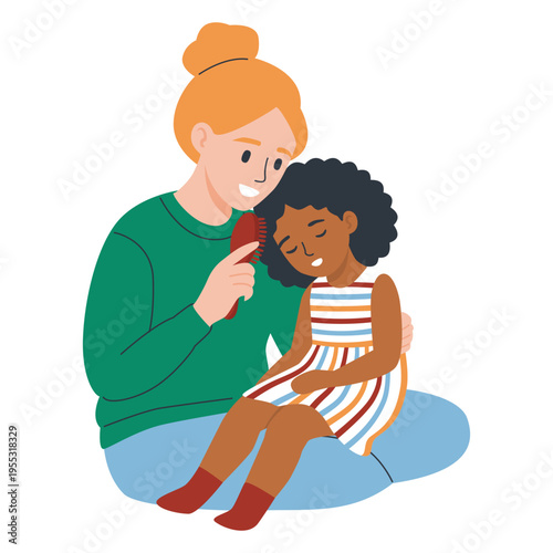 Caring woman brushing the curly hair of a sleepy little girl during a tender bonding moment