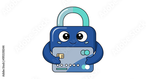 Cute Padlock Mascot Holding Credit Card for Secure E-commerce Payments