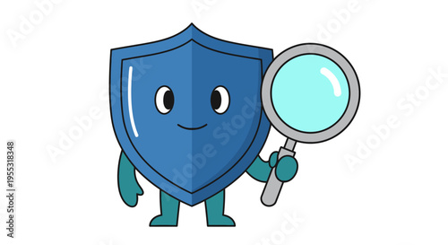 Shield Mascot Holding Magnifying Glass for Security Audit and Data Analysis