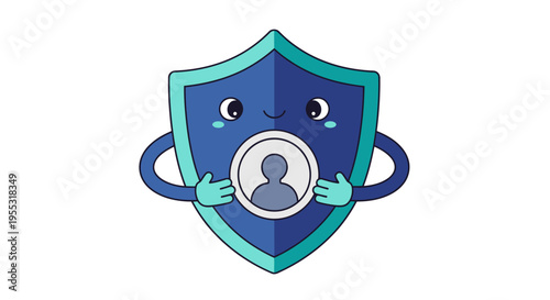 Worried Shield Mascot Holding User Profile Icon for Personal Data Privacy